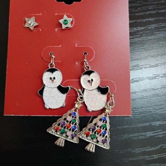 3 Pairs of Christmas Earrings. NWT. Star, Penguin and Christmas Tree. Pierced. - Picture 1 of 3